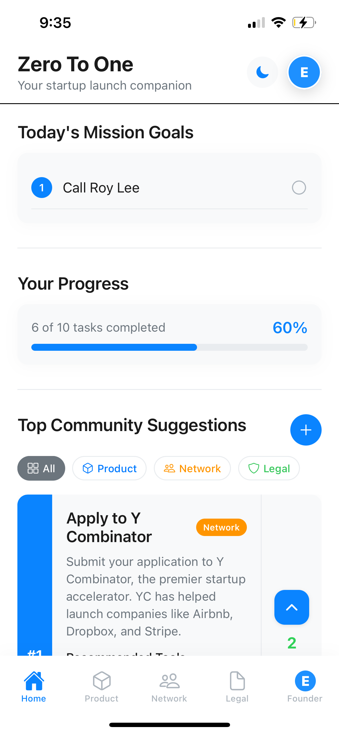 Home Dashboard - Track your startup progress